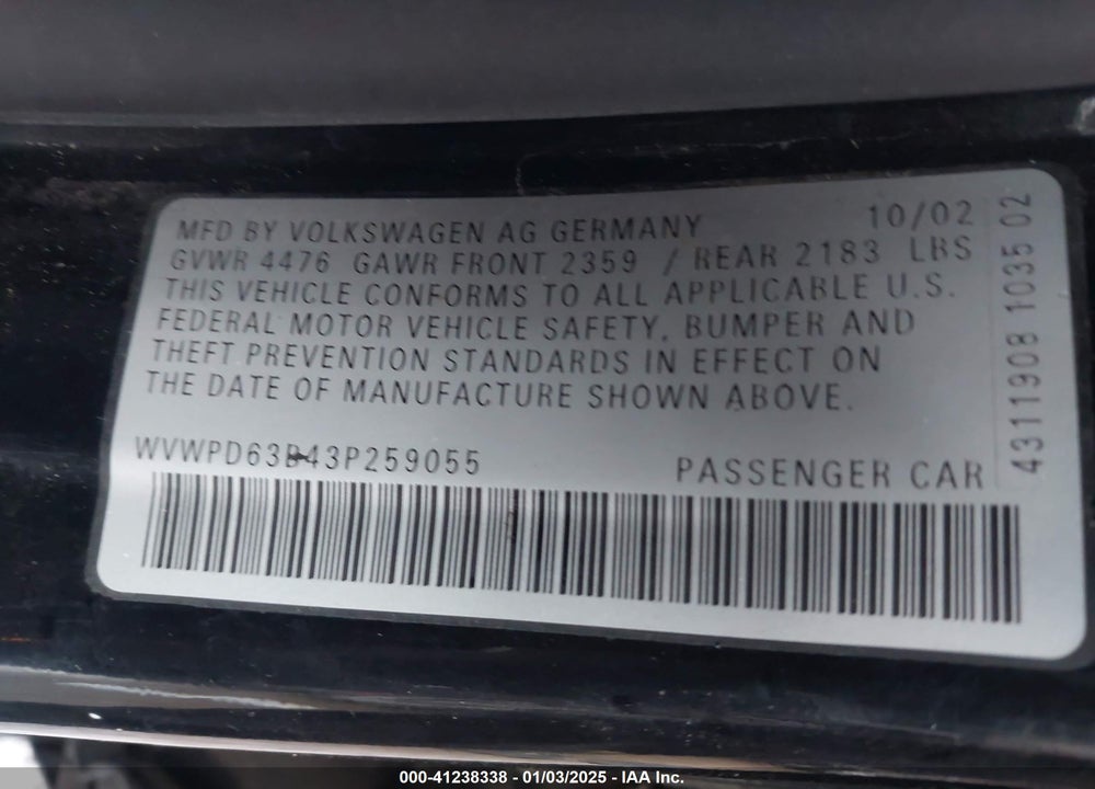 2003 VOLKSWAGEN PASSAT GLS VIN: WVWPD63B43P259055