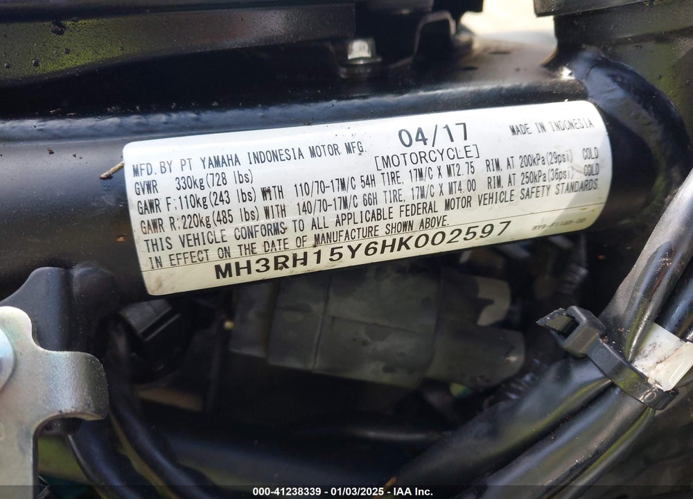 2017 YAMAHA YZFR3 A VIN: MH3RH15Y6HK002597