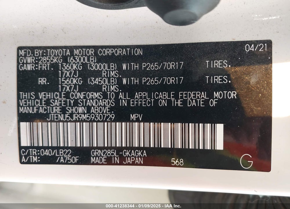 2021 TOYOTA 4RUNNER SR5 PREMIUM VIN: JTENU5JR9M5930729