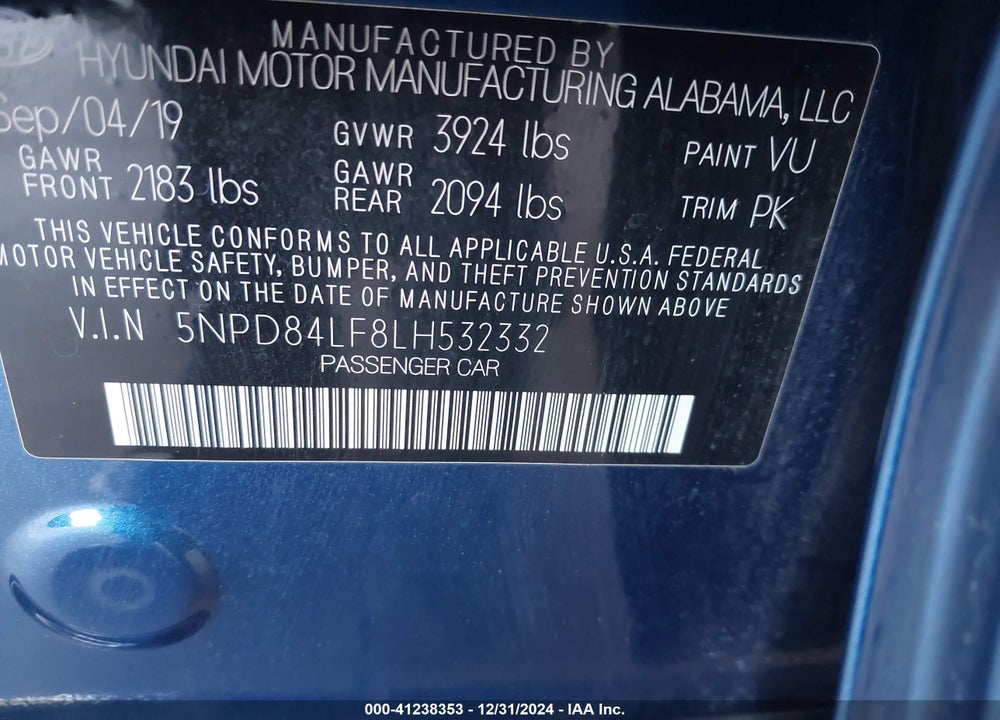 2020 HYUNDAI ELANTRA VIN: 5NPD84LF8LH532332