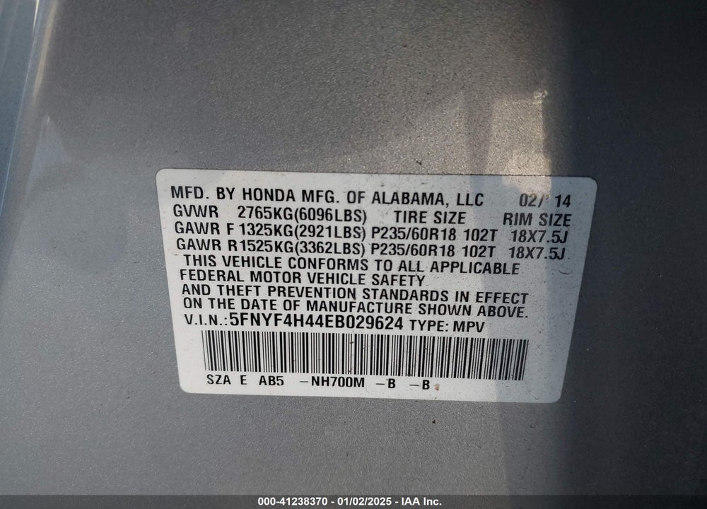 2014 HONDA PILOT EX VIN: 5FNYF4H44EB029624
