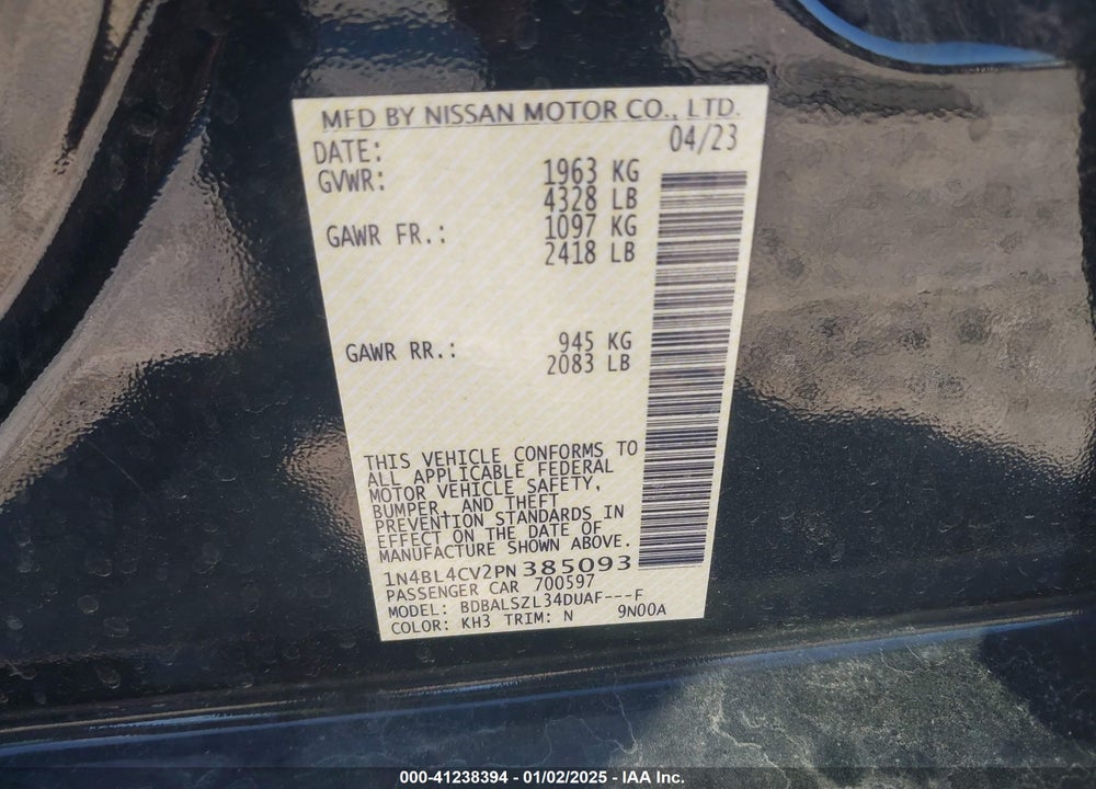 2023 NISSAN ALTIMA SR FWD VIN: 1N4BL4CV2PN385093