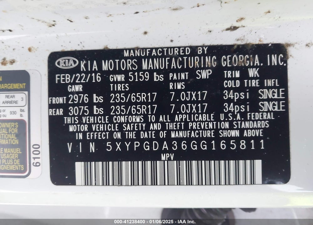 2016 KIA SORENTO VIN: 5XYPGDA36GG165811