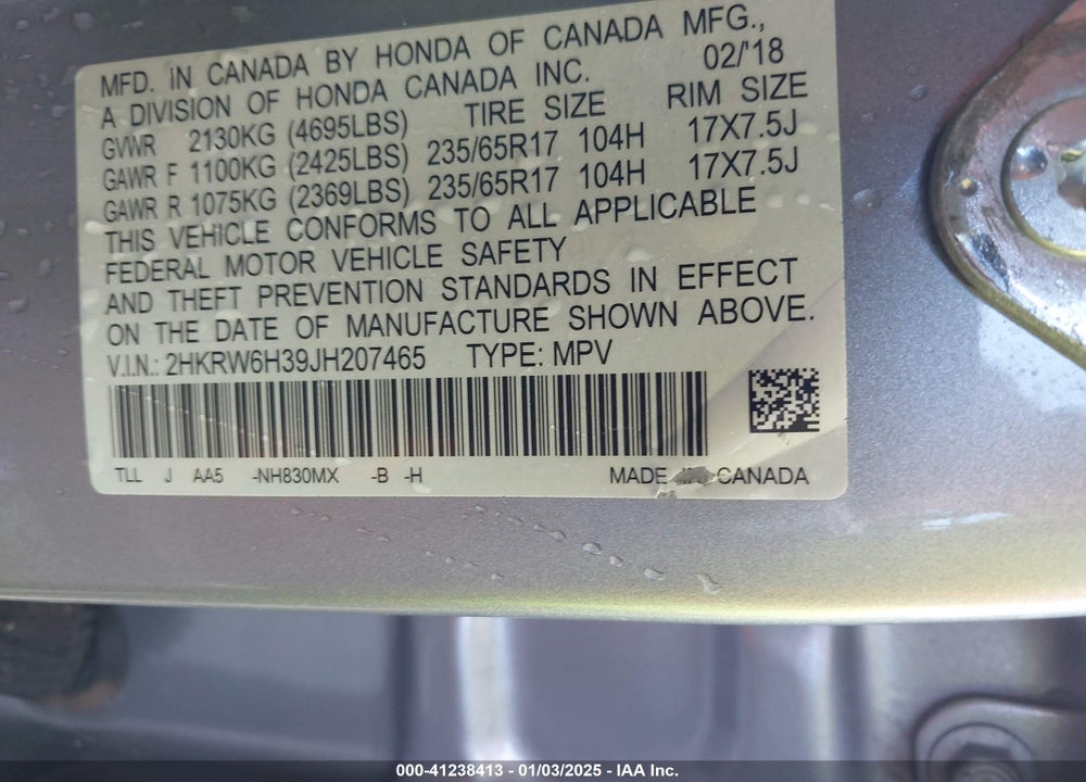 2018 HONDA CR-V LX VIN: 2HKRW6H39JH207465