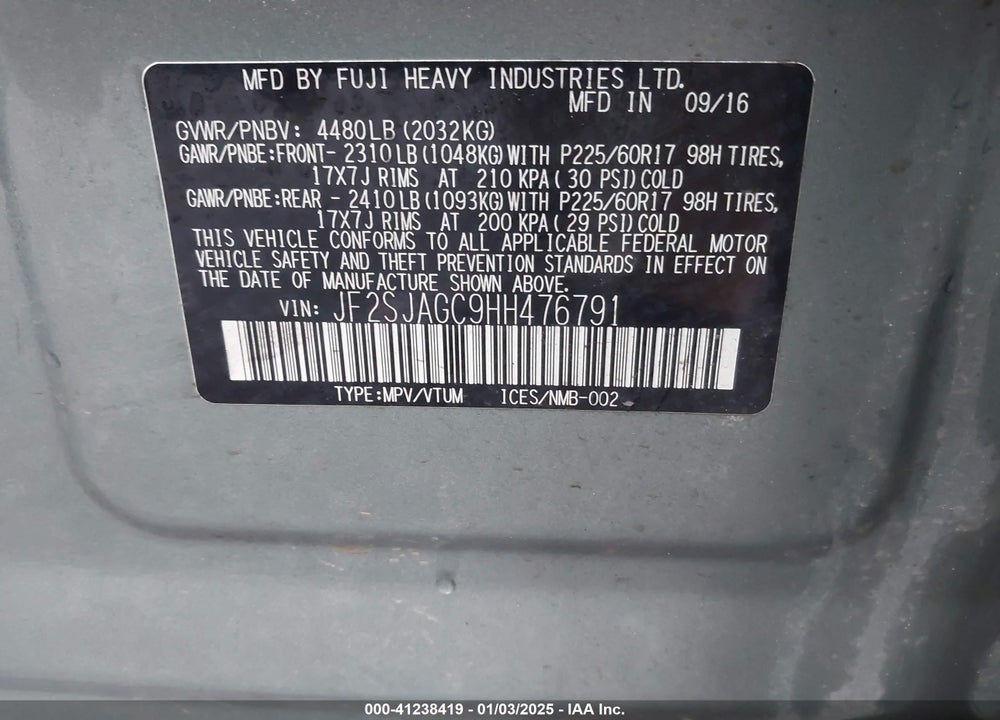 2017 SUBARU FORESTER 2.5I PREMIUM VIN: JF2SJAGC9HH476791