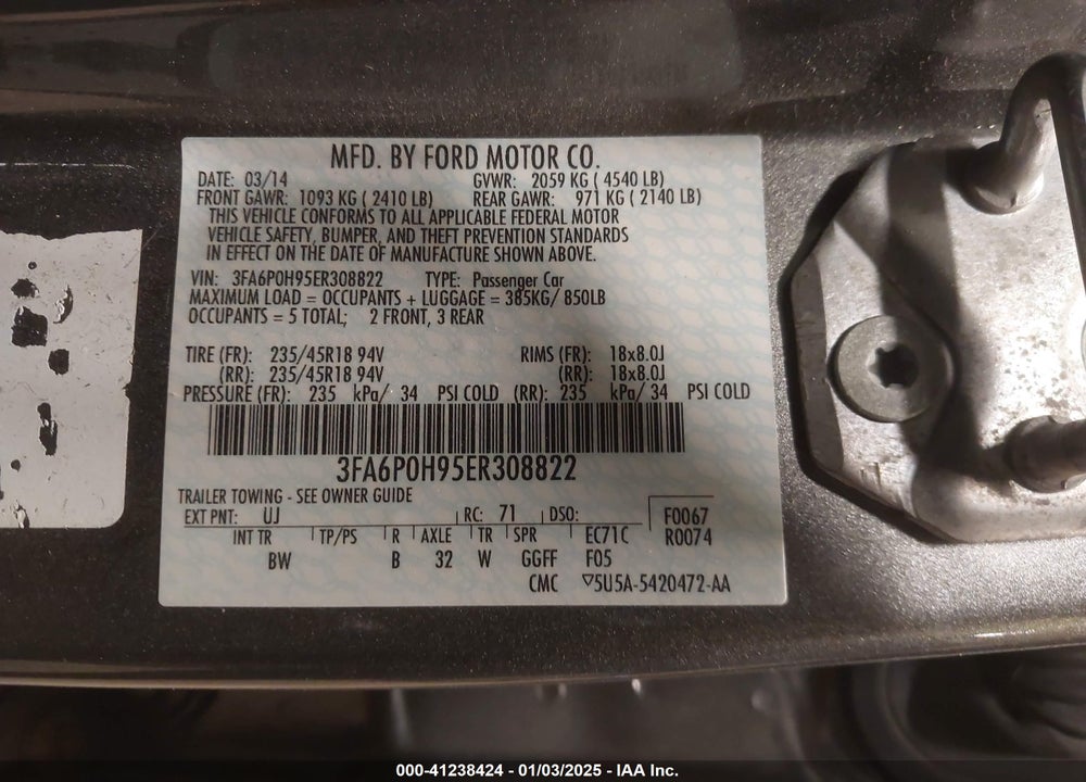 2014 FORD FUSION VIN: 3FA6P0H95ER308822