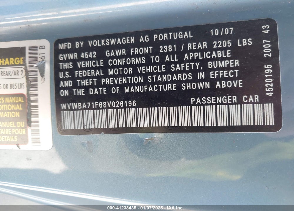 2008 VOLKSWAGEN EOS VIN: WVWBA71F68V026196