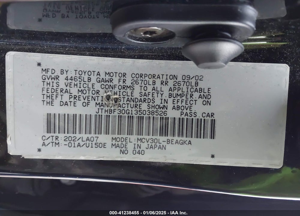 2003 LEXUS ES 300 VIN: JTHBF30G135038526
