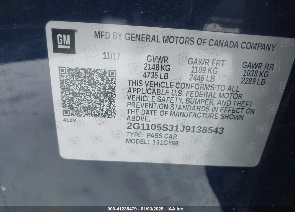 2018 CHEVROLET IMPALA 1LT VIN: 2G1105S31J9138543