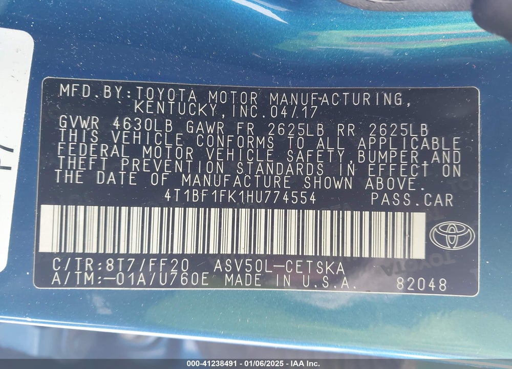 2017 TOYOTA CAMRY SE VIN: 4T1BF1FK1HU774554