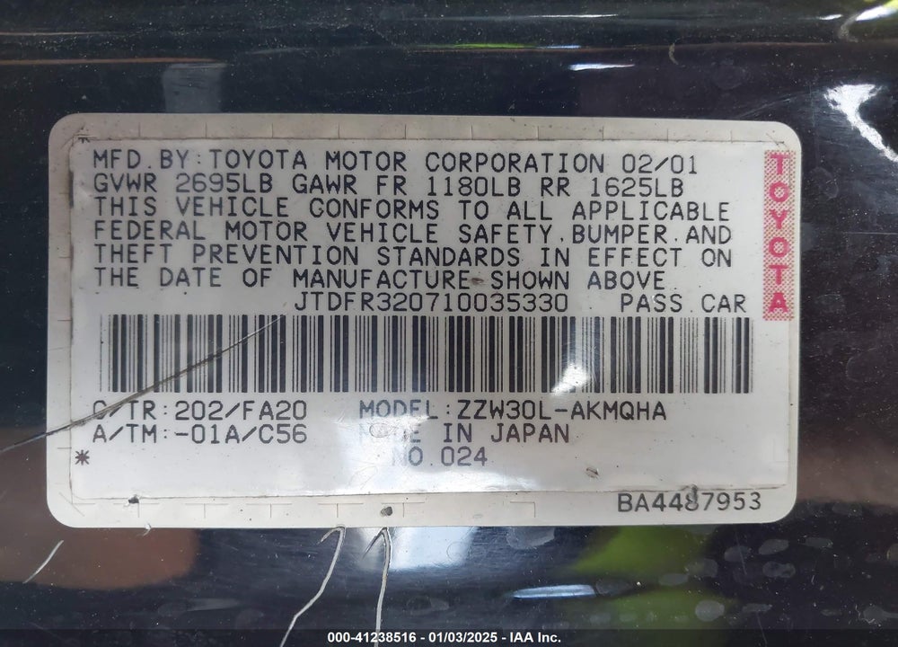 2001 TOYOTA MR2 SPYDER VIN: JTDFR320710035330