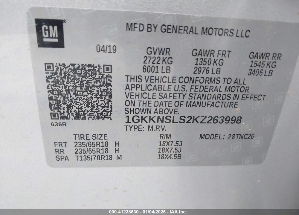 2019 GMC ACADIA SLE-2 VIN: 1GKKNSLS2KZ263998
