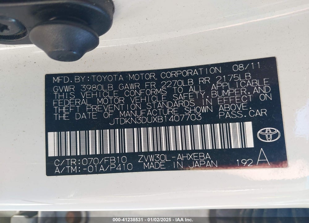2011 TOYOTA PRIUS VIN: JTDKN3DUXB1407703