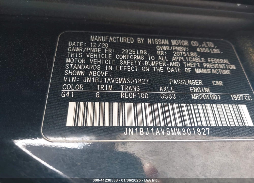 2021 NISSAN ROGUE SPORT VIN: JN1BJ1AV5MW301827