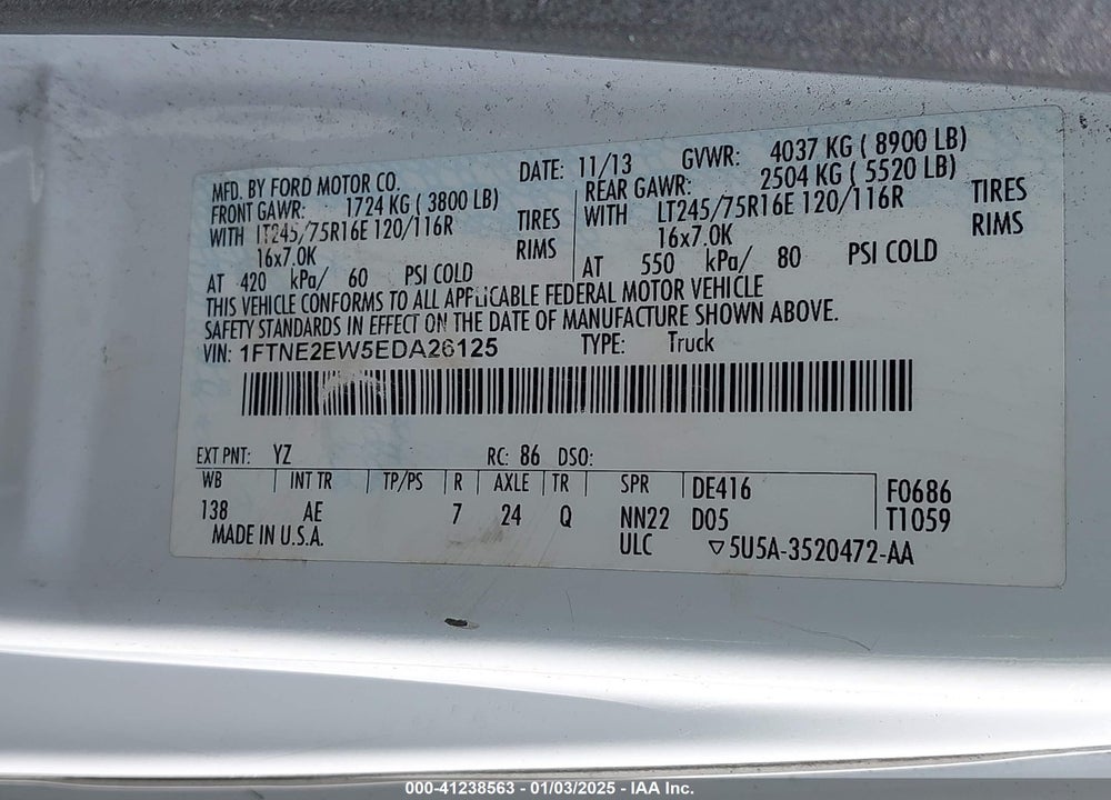 2014 FORD E-250 COMMERCIAL VIN: 1FTNE2EW5EDA26125