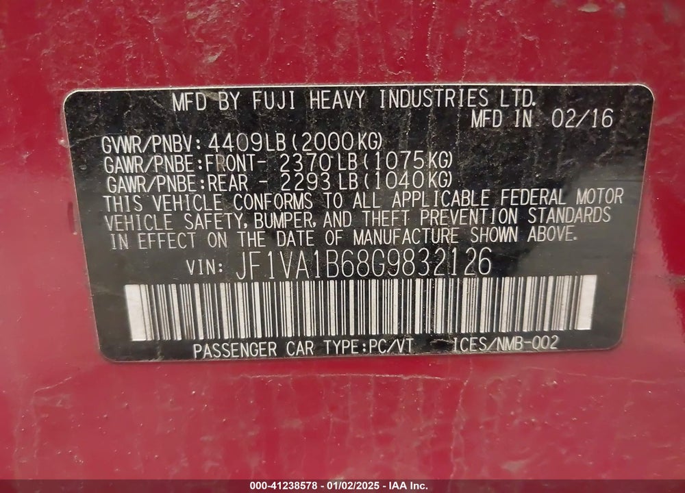 2016 SUBARU WRX VIN: JF1VA1B68G9832126