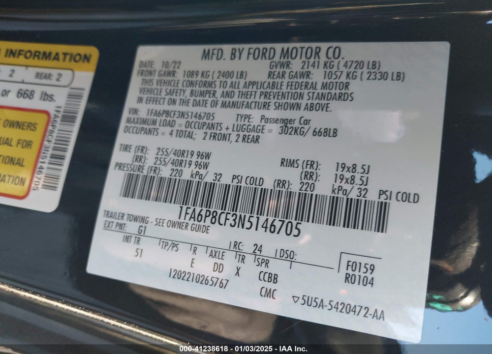 2022 FORD MUSTANG VIN: 1FA6P8CF3N5146705