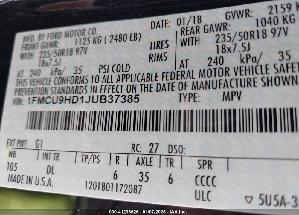 2018 FORD ESCAPE SEL VIN: 1FMCU9HD1JUB37385