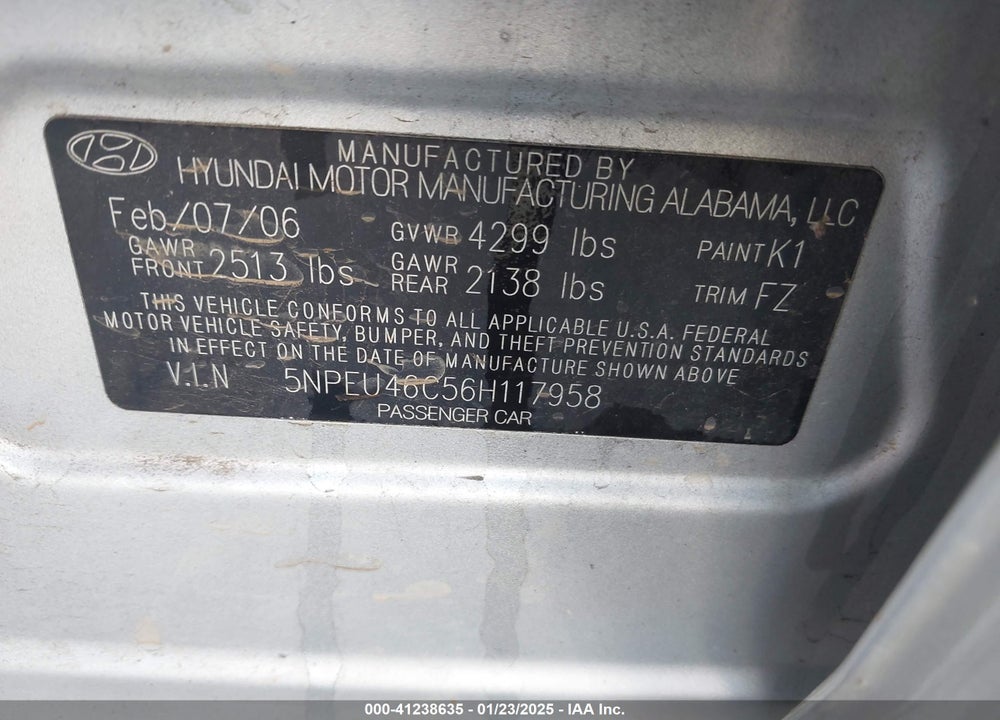 2006 HYUNDAI SONATA VIN: 5NPEU46C56H117958