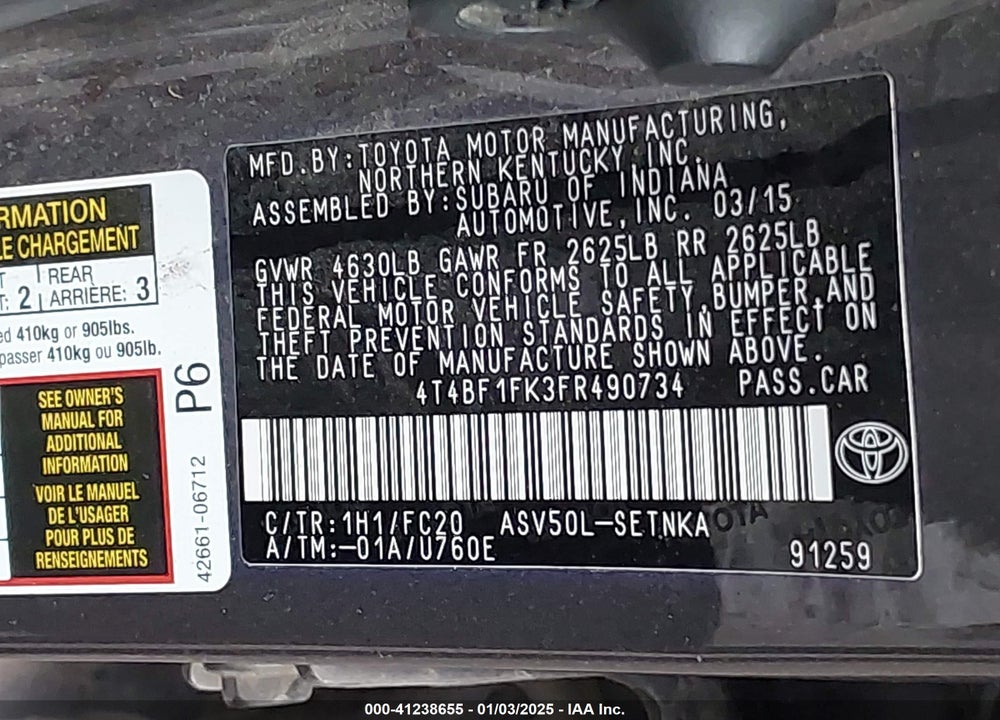 2015 TOYOTA CAMRY LE VIN: 4T4BF1FK3FR490734