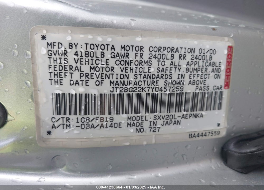 2000 TOYOTA CAMRY LE VIN: JT2BG22K7Y0457259