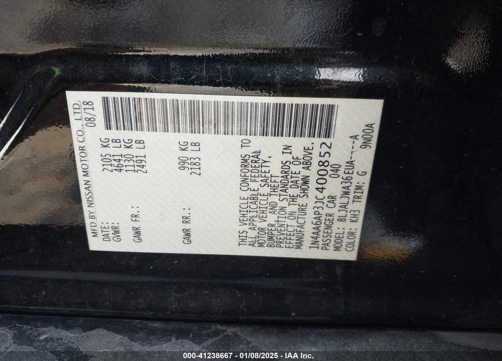 2018 NISSAN MAXIMA VIN: 1N4AA6AP3JC400852
