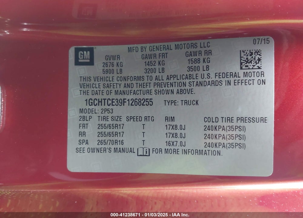 2015 CHEVROLET COLORADO VIN: 1GCHTCE39F1268255