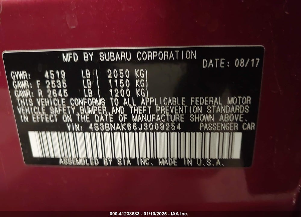 2018 SUBARU LEGACY VIN: 4S3BNAK66J3009254