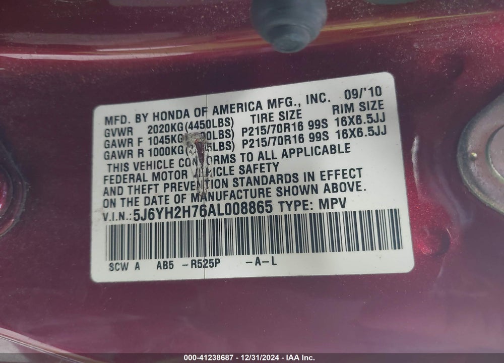 2010 HONDA ELEMENT EX VIN: 5J6YH2H76AL008865