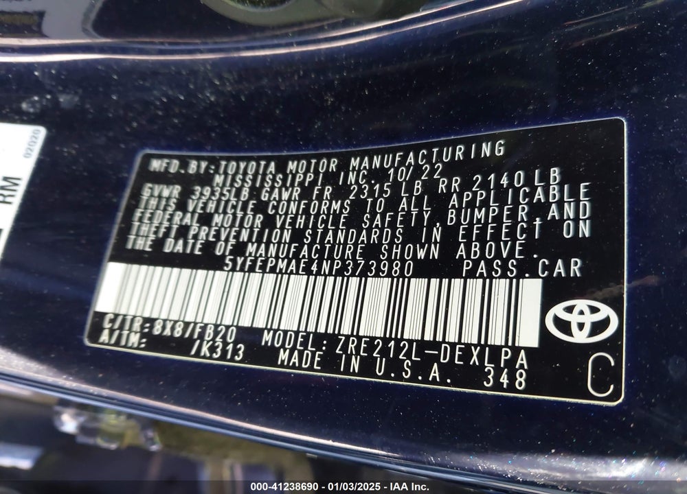 2022 TOYOTA COROLLA VIN: 5YFEPMAE4NP373980