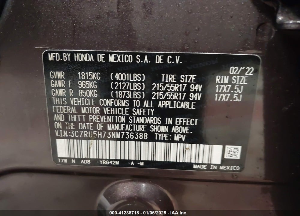 2022 HONDA HR-V 2WD EX-L VIN: 3CZRU5H73NM736388