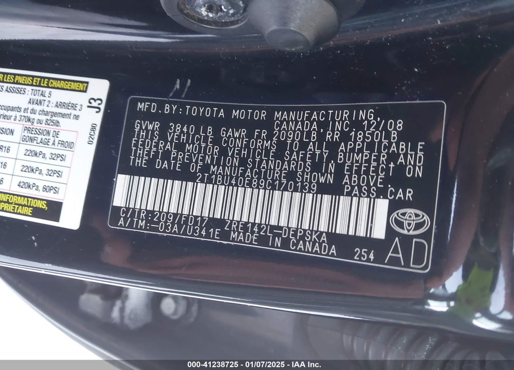 2009 TOYOTA COROLLA S VIN: 2T1BU40E89C170139