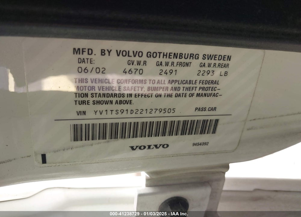 2002 VOLVO S80 EXECUTIVE/T6 VIN: YV1TS91D221279505