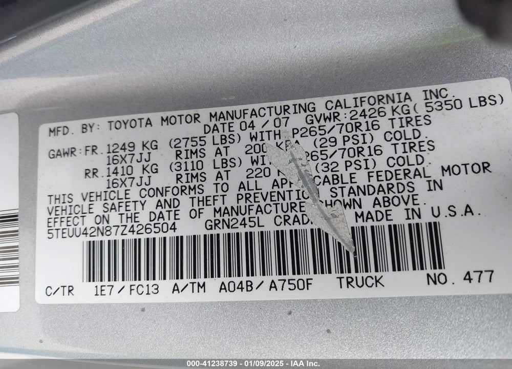 2007 TOYOTA TACOMA ACCESS CAB VIN: 5TEUU42N87Z426504