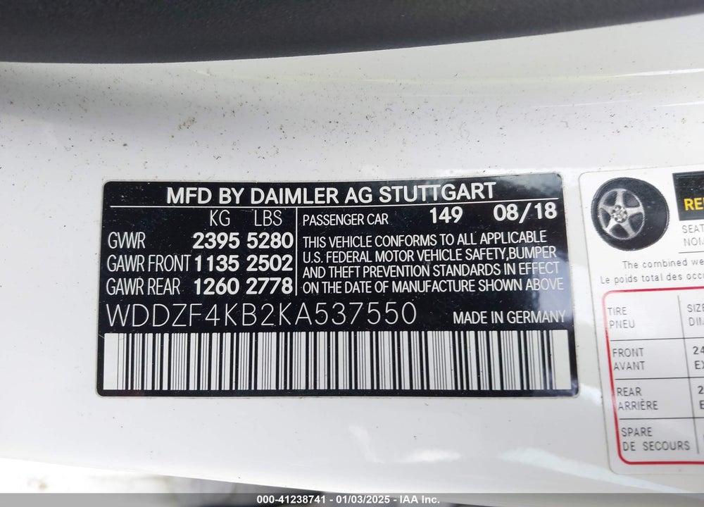 2019 MERCEDES-BENZ E VIN: WDDZF4KB2KA537550