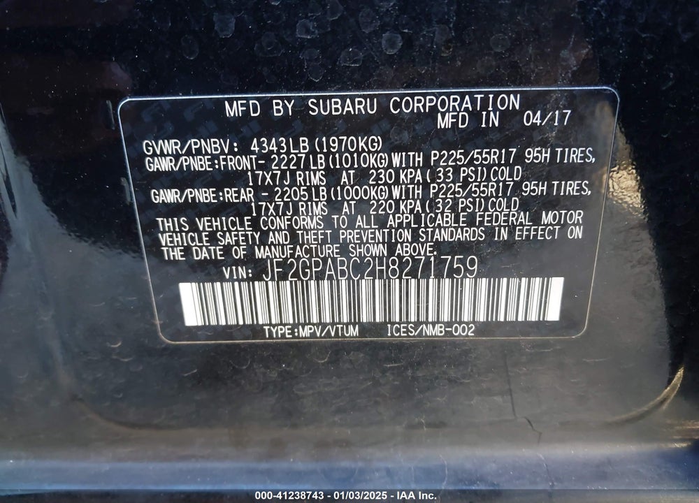 2017 SUBARU CROSSTREK 2.0I PREMIUM VIN: JF2GPABC2H8271759