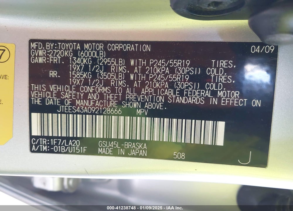 2009 TOYOTA HIGHLANDER SPORT VIN: JTEES43A092128666