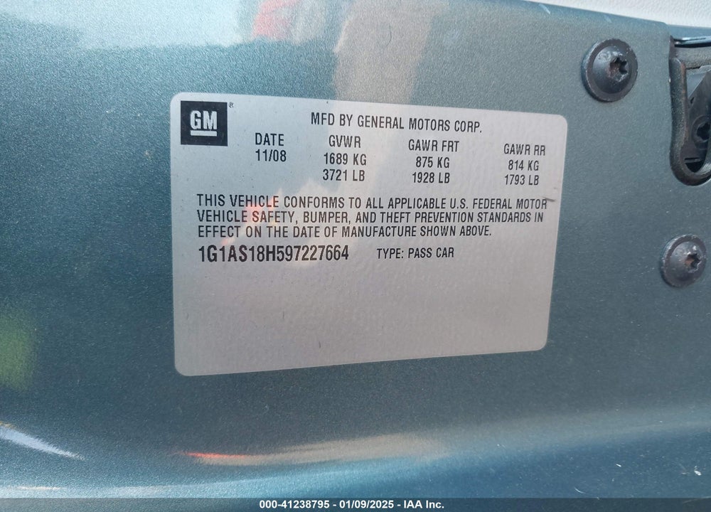 2009 CHEVROLET COBALT LS VIN: 1G1AS18H597227664