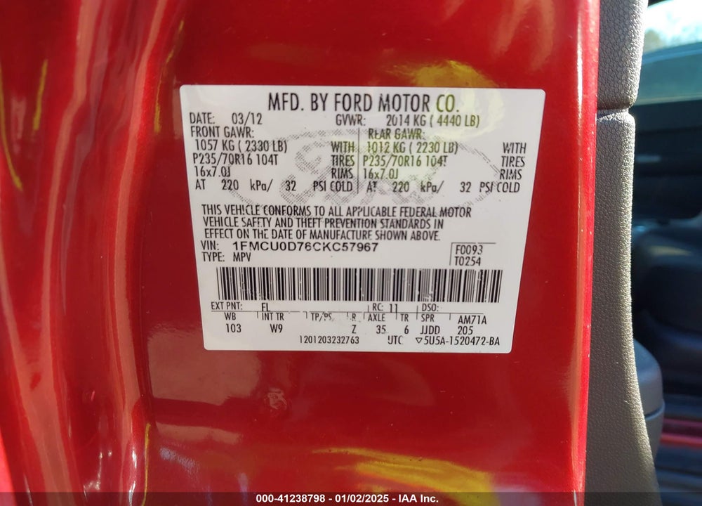 2012 FORD ESCAPE XLT VIN: 1FMCU0D76CKC57967