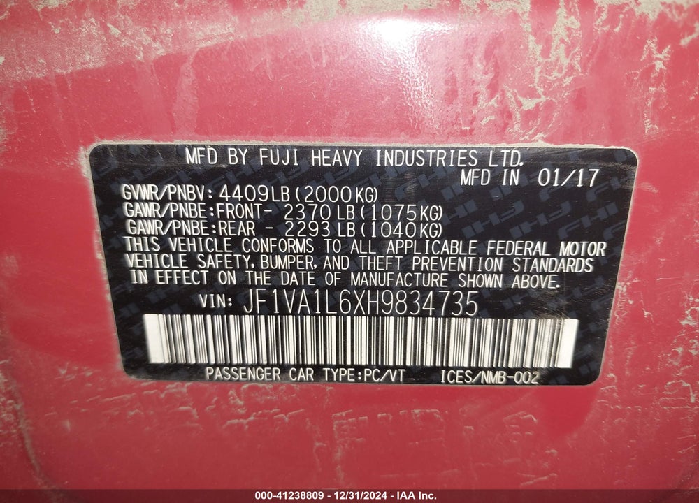 2017 SUBARU WRX VIN: JF1VA1L6XH9834735
