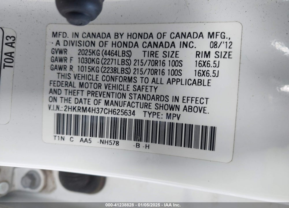 2012 HONDA CR-V LX VIN: 2HKRM4H37CH625634