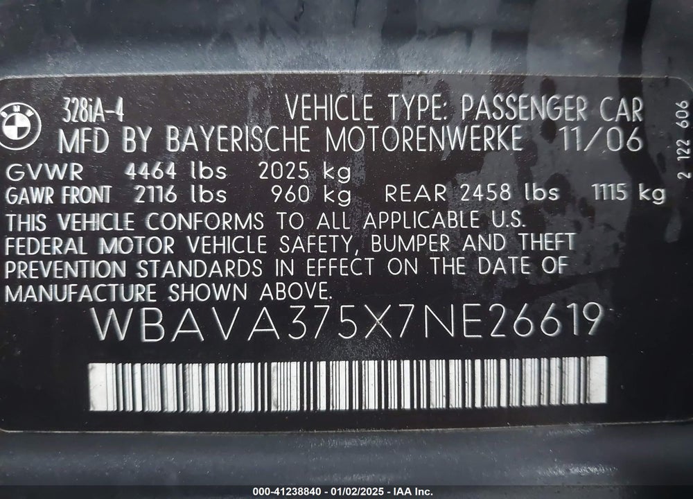 2007 BMW 328I VIN: WBAVA375X7NE26619