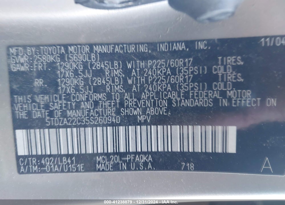 2005 TOYOTA SIENNA XLE VIN: 5TDZA22C35S260940