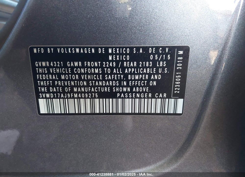 2015 VOLKSWAGEN JETTA 1.8T SE VIN: 3VWD17AJ9FM409275