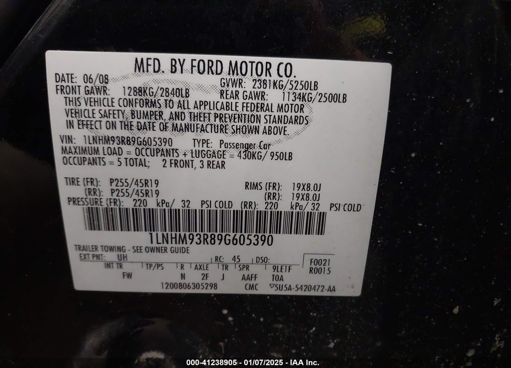 2009 LINCOLN MKS VIN: 1LNHM93R89G605390