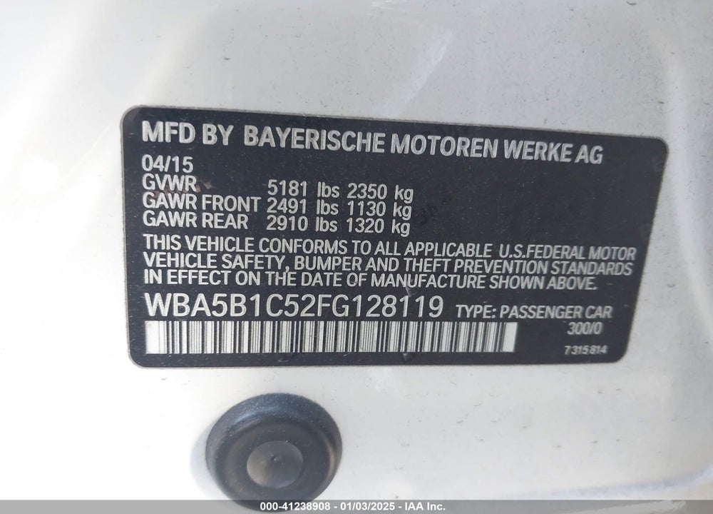 2015 BMW 535I VIN: WBA5B1C52FG128119