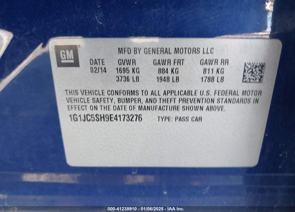 2014 CHEVROLET SONIC LT AUTO VIN: 1G1JC5SH9E4173276
