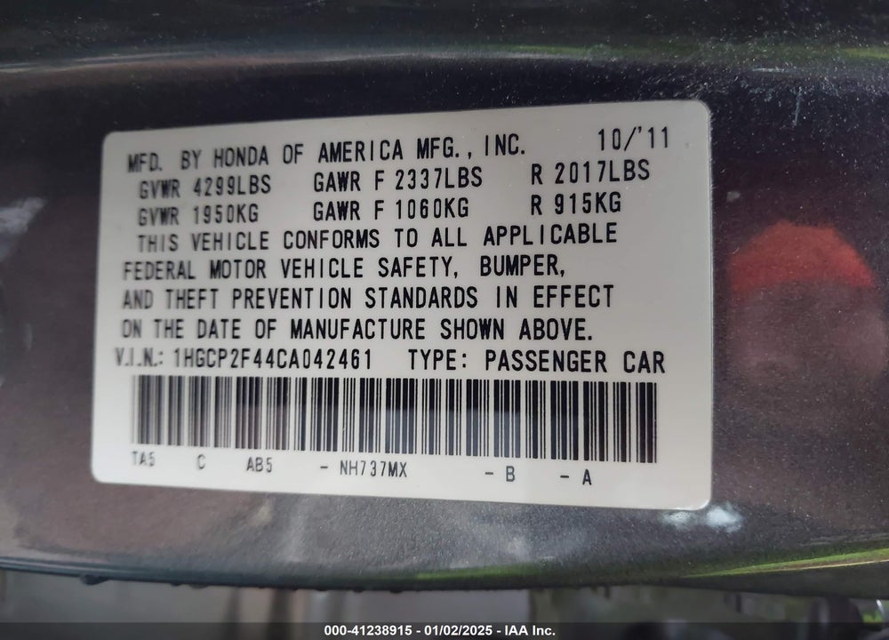 2012 HONDA ACCORD SDN VIN: 1HGCP2F44CA042461