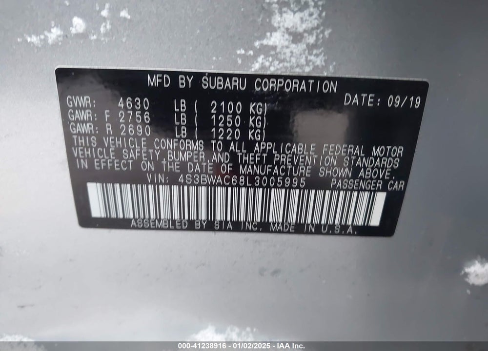 2020 SUBARU LEGACY VIN: 4S3BWAC68L3005995
