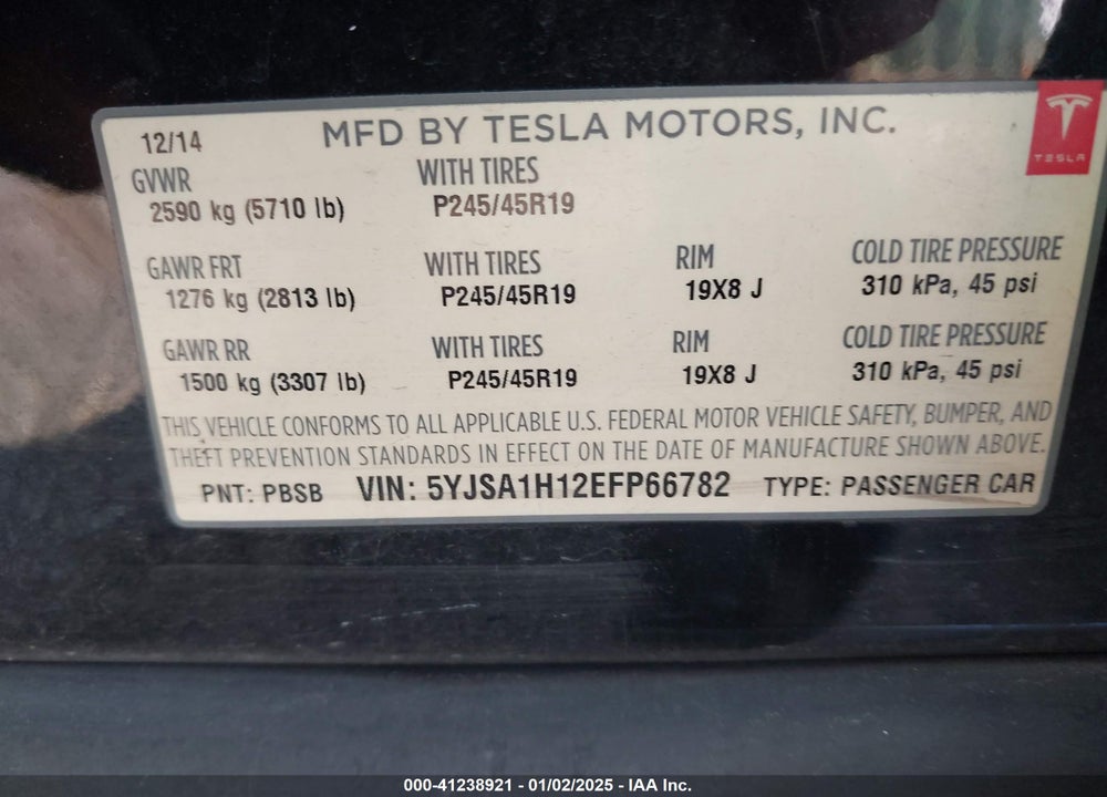 2014 TESLA MODEL S P85 VIN: 5YJSA1H12EFP66782